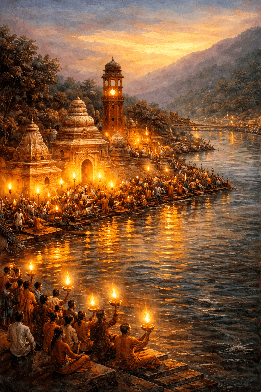 Oil painting of Ganga Arti at Har ki Pauri in Haridwar.depicting priests performing evening rituals with glowing oil lamps along the banks of the sacred River Ganges against a warm sunset backdrop
